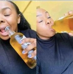 a woman is drinking from a bottle while another woman takes a drink out of her mouth