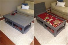 two pictures of a coffee table made out of pallet wood and some sort of storage