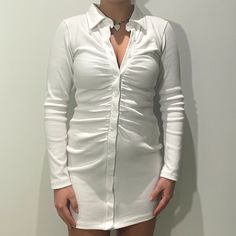 New With Tags!!! White Mini Dress With Ruched Button Detail - Only The Top 4 Buttons Open (The Rest Are Sewn Together) I Am 5 Ft 5 In And A Size Small Missguided Dress, Ruched Mini Dress, Top 4, White Mini Dress, Button Detail, Colorful Dresses, White Dress, Long Sleeve Dress, Size 6