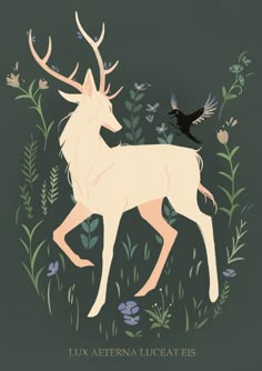 an illustration of a deer and a bird in the middle of some plants with leaves