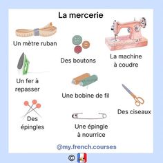 the french language poster shows different types of sewing equipment and their names in various languages