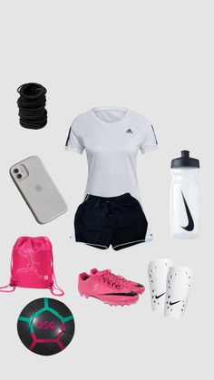 the contents of a woman's athletic outfit including shoes, water bottle and cell phone