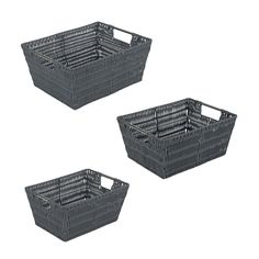 three grey wicker baskets sitting next to each other on a white background with clippings