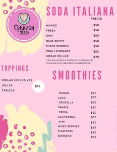 the menu for an italian restaurant with pink and yellow paint on it, including prices