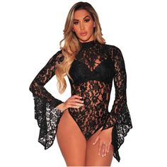 This sheer floral lace bodysuit featuring a hollowed-out back and flare sleeves is sheer perfection. Perfect paired with a skirt, pants, short, jeans or leggings and made with a polyester & spandex blend so it's sure to be flattering. Comes in 3 fab colors.