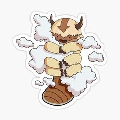 a sticker with an image of a demon sitting on top of a pile of clouds