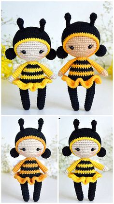 crocheted doll with yellow and black dress, made to look like a bee