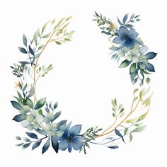 a watercolor wreath with blue flowers and green leaves