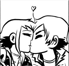 a black and white drawing of two people kissing