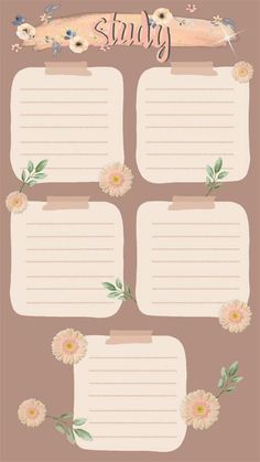 a set of four blank paper with flowers on it and the word study written in pink