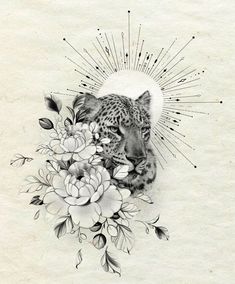 a black and white drawing of a leopard surrounded by flowers