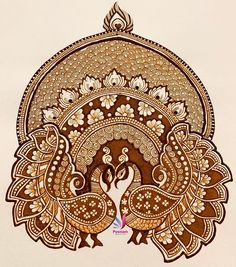 an intricately designed peacock is shown in brown and gold colors on a white background