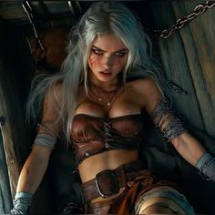 a woman with white hair and leather outfit sitting on the ground in front of a wooden wall