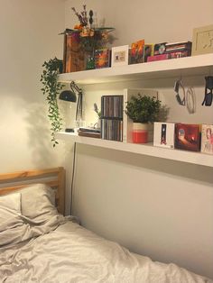 a bed sitting under a window next to a shelf filled with books and plant pots