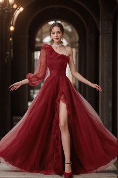 Lasaky - Long-Sleeve One-Shoulder Evening Gown with Slit, Perfect for Hosting and Runway Shows Tulle Evening Dress, Princess Skirt, Tulle Sleeves, Maxi Dress Outfit, Prom Dress Inspiration, Pretty Prom Dresses, Tulle Prom Dress, Looks Chic, Mermaid Dress