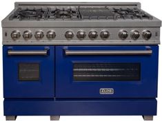 a blue stove top oven with two burners on each side and one door open