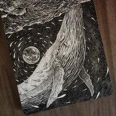 a black and white drawing of a whale with the moon in the sky above it