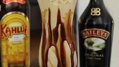 there are three different types of drinks on the counter top, one with ice cream and caramel