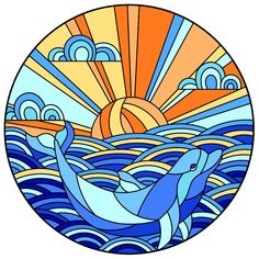 a dolphin swimming in the ocean with sun shining through it's stained glass window