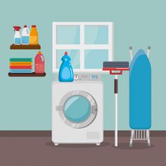 a washer and ironing board in a room with blue walls, windows, and shelves