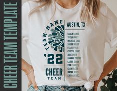 a woman wearing a t - shirt that says team name, texas, and cheer team