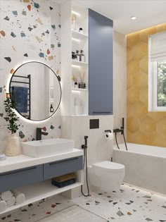 a modern bathroom with yellow and blue accents