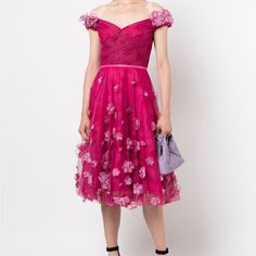 Marchesa Notte Off Shoulder Floral Midi Dress Off-Shoulder Floral Midi Dress From #Marchesanotte Featuring #Fuchsiapink, #Floralappliqu, Sheer Overlay, #Offshoulder, Fitted Waistline, Sweetheart Neck, V-Back And Concealed Rear Zip Fastening. Brand Style Id: N57c2981 This Piece Fits True To Size. We Recommend You Get Your Regular Size Designed For A Close Fit At The Bust And Waist, But Loose At The Hip Made With A Mid-Weight Fabric Pink Floral Applique Dress For Gala, Formal Pink Dress With Floral Applique, Pink Floral Applique Evening Dress, Pink Embroidered Dress For Gala, Gold Lace Wedding Dress, Floral Gown Dress, Red Flower Dress, Marchesa Dresses, Marchesa Dress