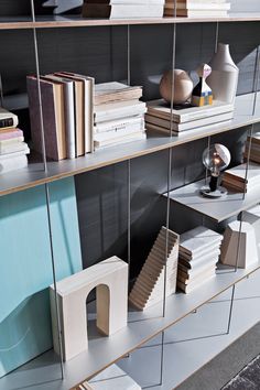 shelves with books, vases and other items on them