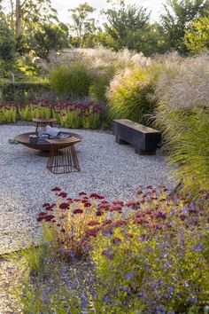 a graveled area with flowers and plants in the foreground, surrounded by wooden benches