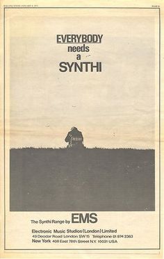 an advertisement for the electronic music studio everybody needs a synth, from 1970