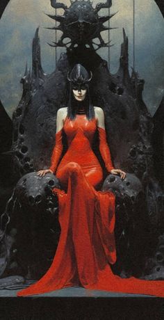 a woman in a red dress sitting on a giant throne with skulls and bones behind her