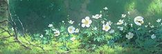 an oil painting of white flowers in the grass near trees and bushes on a sunny day