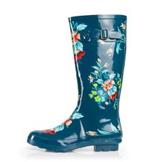 NORTY Womens Floral Print Hi Calf Rain Boots Blue. Adult Ladies Waterproof Winter Spring Garden Boot Medium Width. No matter how wet, muddy, or slick it gets outside, our adult rain boots for women have you covered. An 11.25 inch boot shaft with fun, feminine styling keeps you warm, dry, and outfitted in fresh fall and winter-ready looks. This extra-roomy insulated rubber boot lets you layer on your favorite thick socks on the colder days, and a rugged rubber tread sole makes sure you don't slip and slide. Whether you're using them as garden shoes or from point A to point B, they have a matte finish that makes them easy to clean after a full day outdoors. Size: 9B(M)US.  Gender: female. Green Rain Boots For Outdoor, Blue Waterproof Boots For Rainy Weather, Blue Weatherproof Boots For Rainy Weather, Weatherproof Blue Boots For Rainy Weather, Weatherproof Blue Rain Boots For Outdoor, Blue Round Toe Rain Boots, Insulated Blue Rain Boots For Outdoor, Stylish Rain Boots, Cold Weather Socks