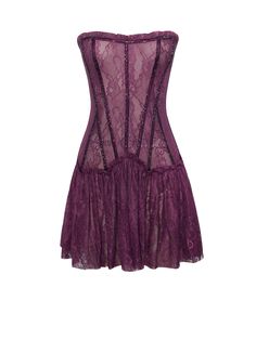 Experience the allure of Verna, a stunning strapless lace mini that exudes elegance. Embedded with hand-placed deep purple rhinestones along the neckline and bone casing, this design features a fully boned drop-waist corset with intricate ruffle lace detailing. The two layers of ruched purple lace create a mesmerizing Cool Mini Dress, Purple Corset Dress Short, Purple Rhinestone Dress, Purple Dress Mini, Purple Inspired Outfits, Unique Formal Dresses Short, Purple Lace Mini Dress, Drop Waist Corset Dress, Dark Purple Short Dress