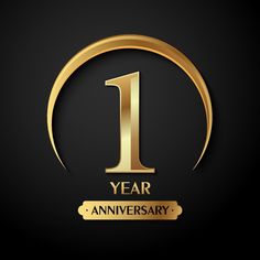 the 1 year anniversary logo on a black and gold background with an oval shaped frame