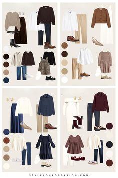 an assortment of clothes and shoes arranged in four different sections, with text overlaying the image