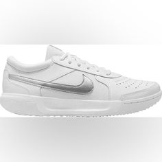 These Beautiful Sneakers Are Very Comfortables Made In Leather On The Upper Provides Durability And Adds A Premium Look Mesh On The Sides Adds Breathability Stretchy Internal Sleeve Hugs Your Foot For A Sock-Like Fit. Nike Low-top Slip-resistant Sneakers, Nike Tennis Sneakers With Round Toe, Nike Slip-resistant Round Toe Sneakers, White Nike Slip-resistant Sneakers, Nike White Slip-resistant Sneakers, Shoes Color, White Nikes, Tennis Shoes, White Silver