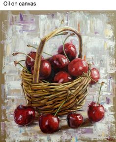 an oil painting of cherries in a basket