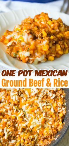 one pot mexican ground beef and rice casserole on a white plate with text overlay