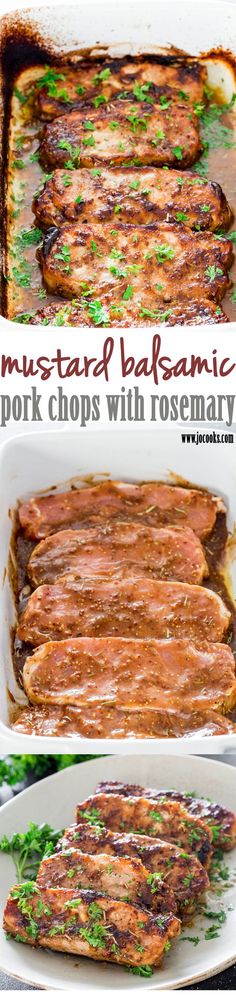 pork chops with rosemary and parsley in a baking dish on a white plate