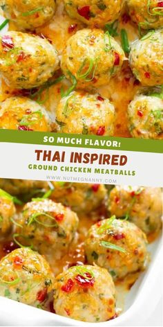 thai meatballs in a white casserole dish with green garnish