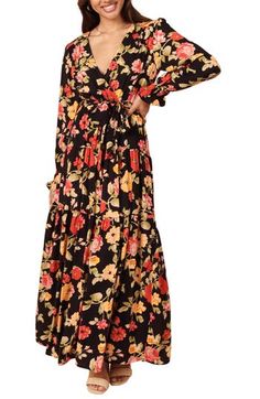 Bright, colorful flowers make a romantic statement against the inky background of this long-sleeve dress in a twirly wrap-inspired silhouette. Slips on over head Surplice V-neck Long sleeves Removable waist tie Lined 100% polyester Hand wash, dry flat Imported Chic Long Sleeve Floral Dress For Fall, Flowy Floral Print Long Sleeve Maxi Dress, Long Sleeve Floral Dress For Fall, Flowy Floral Dress For Fall, Chic Long Sleeve Dress With Floral Print For Fall, Multicolor Long Sleeve Floral Dress For Fall, Flowy Long Sleeve Floral Dress For Fall, Fall Floral Print Long Sleeve Maxi Dress, Multicolor Floral Print Long Sleeve Dress For Fall