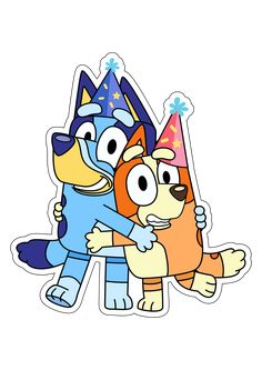 two cartoon dogs hugging each other with a party hat on