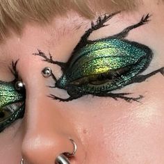 Blue Beetle Makeup, Halloween Costume Nonbinary, Halloween Editorial Makeup, Beetle Halloween Costume, Yellow Alt Makeup, Moth Man Makeup, Forehead Makeup Art, Bug Makeup Halloween