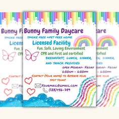 two flyers for bunny family day care with rainbows and hearts in the sky on them