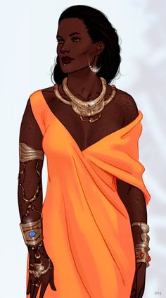 a woman in an orange dress with jewelry and bracelets on her arm, standing next to a white wall