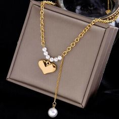 Woman 18K Gold Plated Stainless Steel Heart Charm Pearl Chain Necklace 18.1''  | eBay Pearl Chain Necklace, Rolo Chain, Pearl Chain, Stylish Jewelry, Fashion Jewelry Necklaces, Heart Charm, Fashion Watches, Jewelry Necklace Pendant, Jewelry Watches