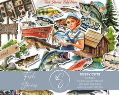 the fishing sticker sheet is full of different types of fish and fisherman's items