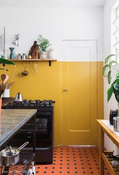 a kitchen with yellow painted walls and black stove top, potted plants on the counter