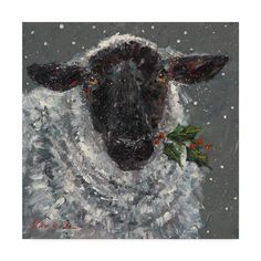 a painting of a sheep with holly on it's head and nose, in the snow